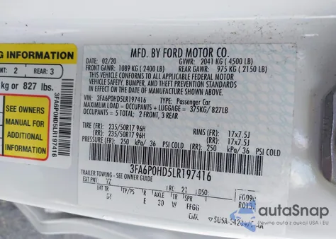 2020 Ford Fusion Se z USA, uszkodzony, nr VIN 3FA6P0HD5LR197416